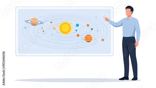 Cosmic Instructor: A knowledgeable instructor uses gestures to present the solar system, making it possible for viewers to travel through space and time with his guidance