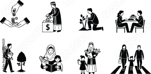 Muslim community charity and social responsibility set with icons of zakat donation planting trees sharing food and family walking together