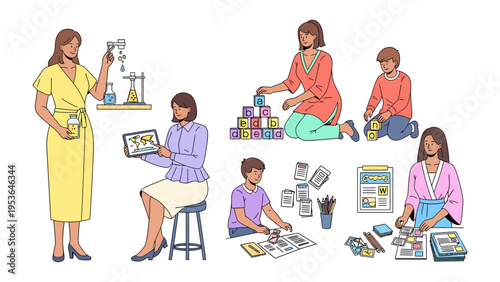 Illustrative Day of Activities: A collection of illustrations depicting a day filled with learning, engagement, and various activities across several figures.