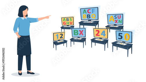 Learning and Technology: An instructor guides students through interactive learning on a cluster of computer screens, each displaying colorful lessons.