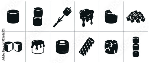 Black silhouette marshmallow icons in various forms and states, including whole, stacked, bitten, melted, on a stick, cracked, and twisted, presented in a graphic style