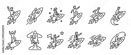 Collection of line art icons depicting various people riding rockets, symbolizing startup, success, and rapid business growth in a dynamic, illustrative style