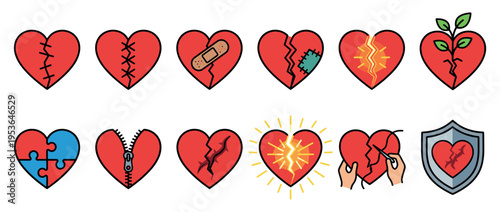 Collection of red heart icons illustrating various stages of heartbreak, mending, healing, and protection, presented in a vibrant flat design style