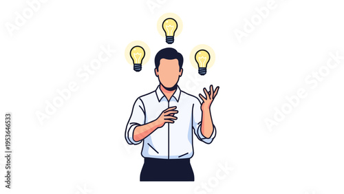 Idea Juggler: An innovative individual juggles glowing light bulbs, symbolizing the dynamic interplay of brilliant ideas, innovation, and creative solutions.