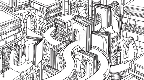 An intricate literary city, a fantastical monochrome labyrinth constructed from countless towering books and winding knowledge pathways