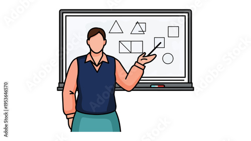 Teacher's Geometrical Presentation: An illustration of a teacher, pointing to various geometric shapes on a board, explaining geometry. 