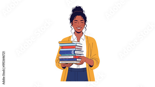 Bookish Embrace: A woman, radiating warmth and intellect, holds a stack of books close. This illustration captures the joy of knowledge and the promise of discovery.