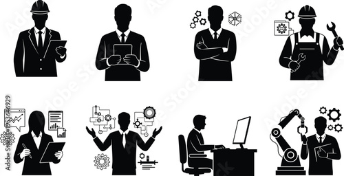 Professional Industrial Management and Engineering Icon Set Featuring Engineers, Project Managers, Automation Technology, Robotics, Data Analysis, and Technical Manufacturing silhouettes.