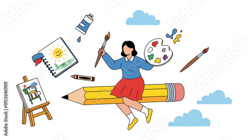 Creative Journey: An illustration of a woman artist flying through the air on pencil. Surrounded by art supplies, she embodies the boundless imagination and joy of the creative process.