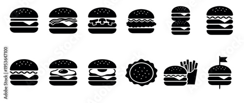 Diverse collection of black silhouette burger icons featuring various toppings and styles, including cheese, bacon, mushrooms, and fried eggs, presented in a clean graphic design