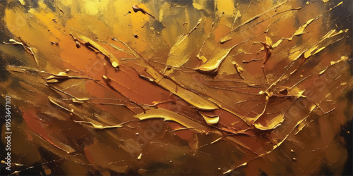 Abstract textured painting with thick impasto strokes of metallic gold and warm orange hues, rich opulent surface, expressive art background, contemporary artistic style