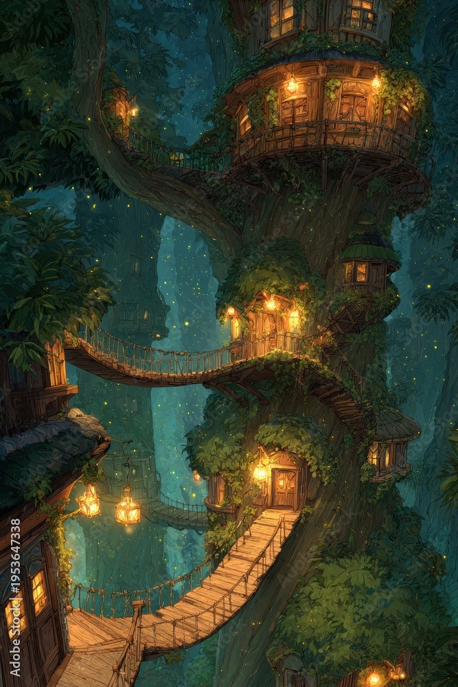Obraz premium Magical woodland dwelling nestled in towering branches, glowing moss and twilight accents