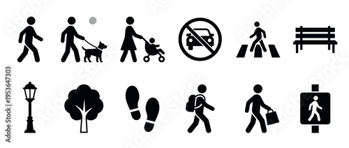 Various black silhouette pedestrian and walking icons are neatly arranged, depicting people, objects, and signs in a clear, illustrative style