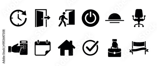 Twelve black glyph icons representing various business, time, and home concepts, presented in a clean, minimalist style with strong contrast and clear shapes