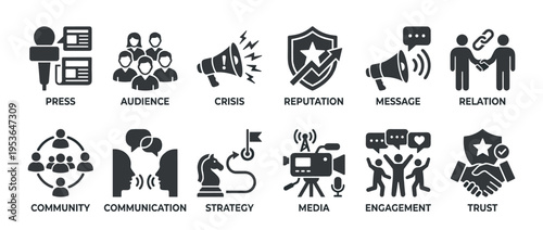 Twelve black and white flat design icon set for public relations and communication, depicting concepts like press, audience, strategy, and trust