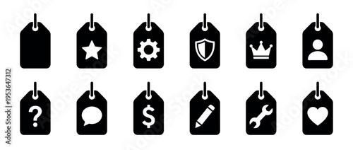 Twelve black flat icon price tags with various white symbols, including a star, gear, shield, crown, and heart, arranged in a clean grid