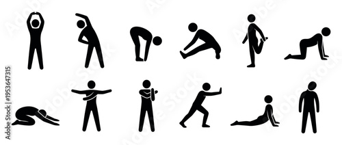 Twelve black silhouette stick figures demonstrating various stretching and exercise poses, presented as simple iconic illustrations for fitness and wellness concepts