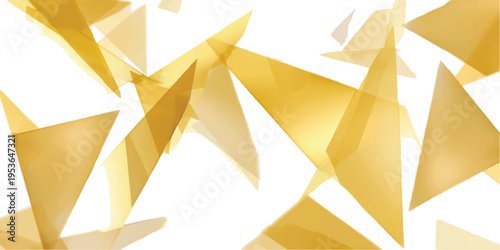 Geometric pattern of overlapping golden translucent triangles and polygons against a white background, modern abstract digital art, sharp clean lines, futuristic design element