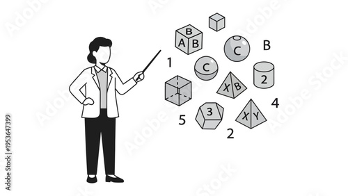 Geometry Tutor: A teacher, holding a pointer, provides a comprehensive geometry lesson, surrounded by various geometric shapes and models. The scene underscores the learning of shapes.