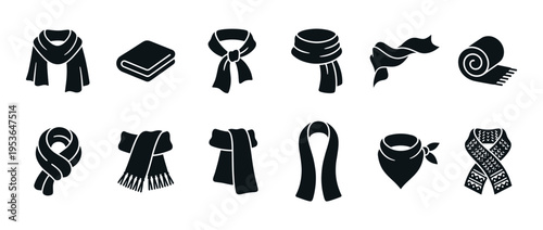 Various black silhouette icons of different scarves and neckwear, showcasing diverse styles and ways to wear them in a graphic, minimalist illustration