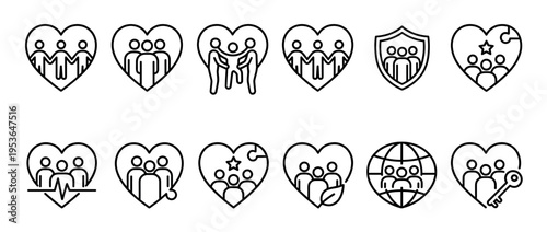 Black outline people group heart icons representing community, care, and protection, depicted with various symbolic elements in a clean, illustrative style