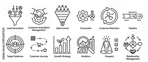 Twelve modern black line art business marketing icons illustrating concepts like lead generation, sales funnel, customer journey, and growth strategy, presented in a clear, simple graphic style