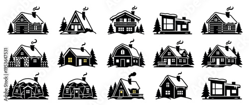 Fifteen diverse black and white winter houses and cabins are depicted as a collection of cozy, snow-covered vector icons, featuring smoke from chimneys and glowing windows amidst evergreen trees