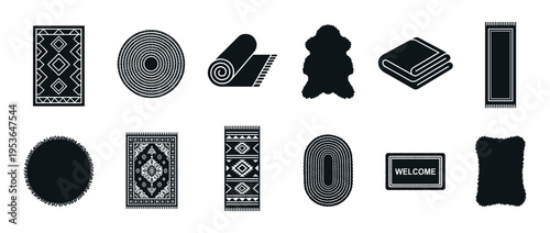 Collection of various black silhouette rug, carpet, and mat icons, showcasing different shapes, patterns, and textures in a flat graphic style
