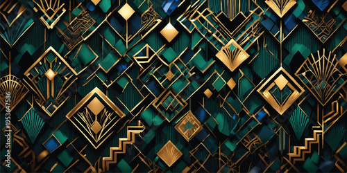Art deco geometric pattern with emerald green and gold diamond shapes and lines, intricate luxury design, abstract vintage background, sophisticated style, rich texture