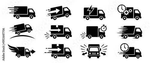 Twelve black silhouette delivery truck icons illustrate various fast shipping and logistics concepts with dynamic speed lines and time symbols, presented in a graphic style