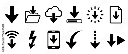 Collection of black download icons in various styles, representing data transfer, file saving, and digital content acquisition in a clean, graphic vector format