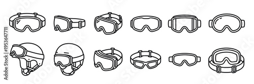 Collection of outline ski goggles and helmets icons in various styles, presented as minimalist black line art, showcasing winter sports equipment