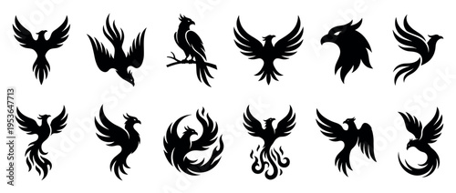 Twelve black silhouette phoenix bird illustrations showcasing various mythical poses and iconic designs in a graphic, symbolic style