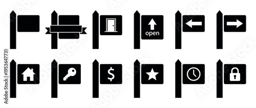 Black silhouette signpost icons displaying various symbols like arrows, a house, key, dollar, star, clock, and padlock, presented in a clean graphic style