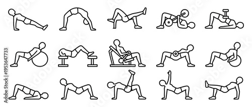 Fifteen black outline icons illustrate various glute and hip exercises, showcasing different fitness movements and equipment in a clean, minimalist style