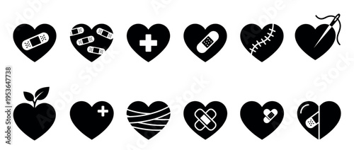 Twelve black heart icons illustrating various healing, medical care, and recovery concepts with bandages, stitches, and crosses in a clean, graphic style