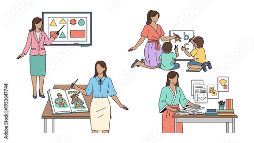 Inspiring Learning: Four scenes showing a female teacher in different educational contexts, leading a class and providing guidance.