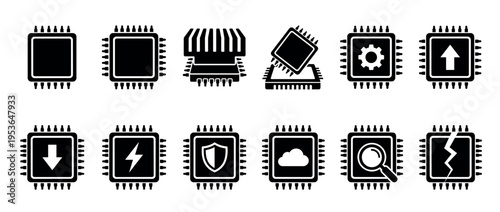 Twelve black and white computer chip icons are arranged in a grid, each featuring a different symbol representing concepts like processing, data, security, and technology in a flat, minimalist style