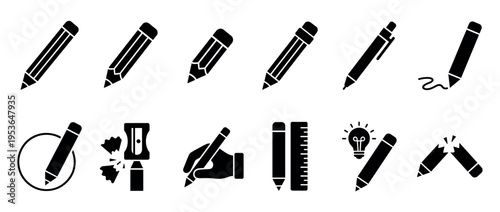 Collection of black silhouette pencil and stationery icons depicting various states like writing, sharpening, and creative ideas, presented in a clean graphic style