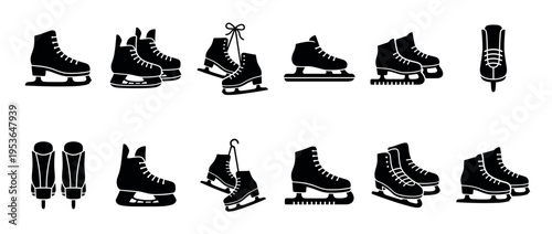 Various black silhouette ice and roller skates icons are presented in a graphic collection, showcasing different styles, orientations, and perspectives with clean, bold lines