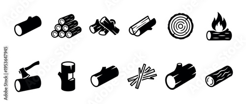 Black and white graphic icons illustrating various wood logs, firewood, and timber elements, including stacked pieces, kindling, an axe, and a burning log