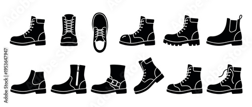 Various black silhouette boot icons are displayed in a graphic, minimalist style, showcasing different footwear designs including combat, Chelsea, and work boots, presented from multiple angles