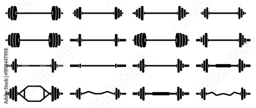 Various black barbell and dumbbell silhouettes are displayed in a graphic collection, showcasing different weightlifting equipment for fitness and strength training