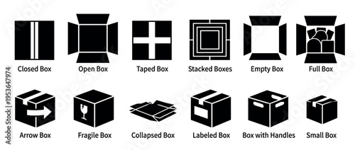 Collection of black silhouette box icons illustrating various states and types, including closed, open, taped, stacked, empty, full, fragile, and collapsed, in a clean graphic style