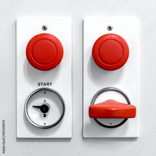 Close-up of two white rectangular control panels, one marked START, featuring red buttons and a gauge. Industrial or machinery aesthetic