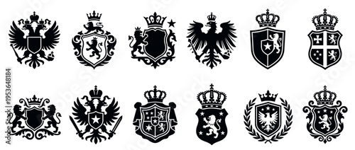 Various intricate black heraldic crests and shields are elegantly displayed, featuring crowns, eagles, and lions in a classic, regal style