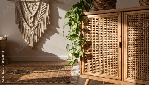 Bohemian style living room corner with macrame wall hanging and rattan cabinet.