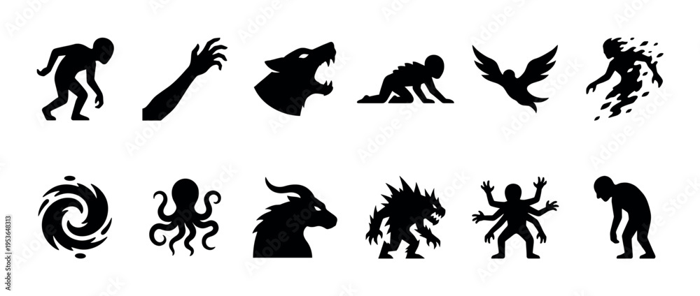 Fototapeta premium Collection of black silhouettes of various fantasy creatures and monstrous figures, depicted in a graphic, dark, and stylized vector art style