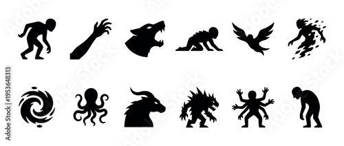 Collection of black silhouettes of various fantasy creatures and monstrous figures, depicted in a graphic, dark, and stylized vector art style