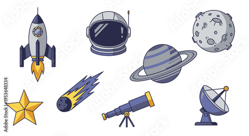 Space objects and astronomy equipment.